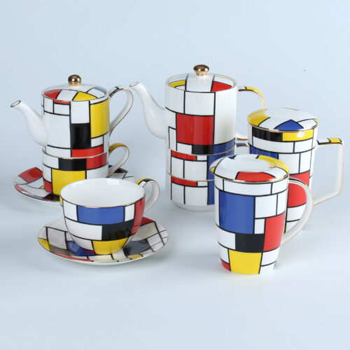Modern Porcelain Teaware Collection, a fusion of contemporary elegance and the iconic style of Mondrian.