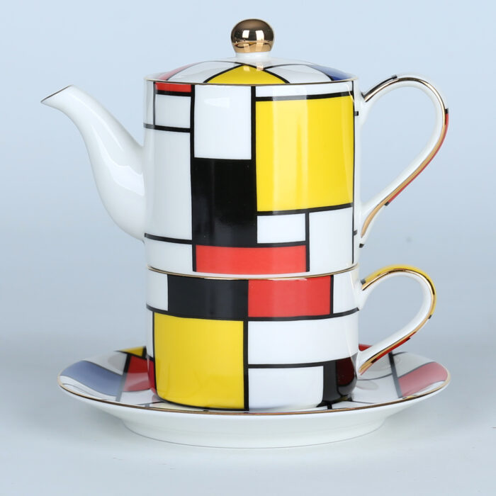 Modern Porcelain Teaware Collection, a fusion of contemporary elegance and the iconic style of Mondrian. - Image 2
