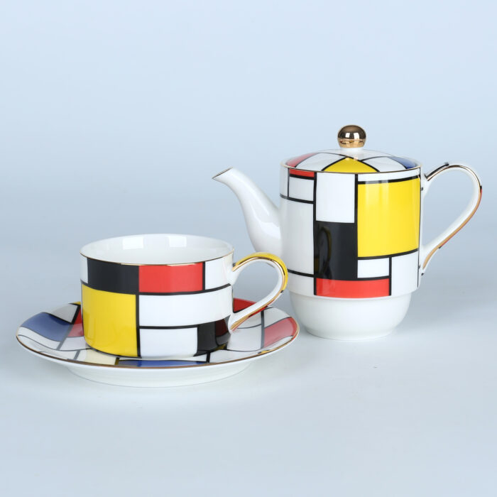 Modern Porcelain Teaware Collection, a fusion of contemporary elegance and the iconic style of Mondrian. - Image 3